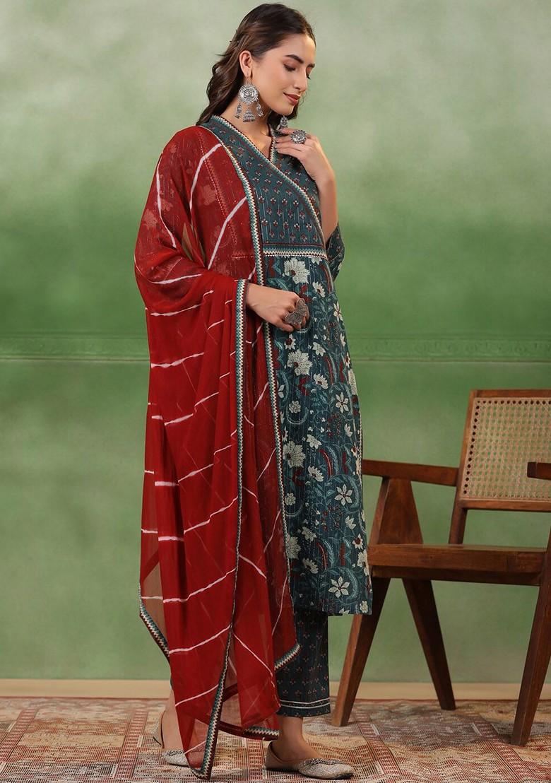 Sea Green Printed Blended Kurta Set - Indya