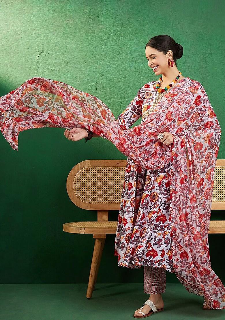 White Printed Blended Kurta Set - Indya