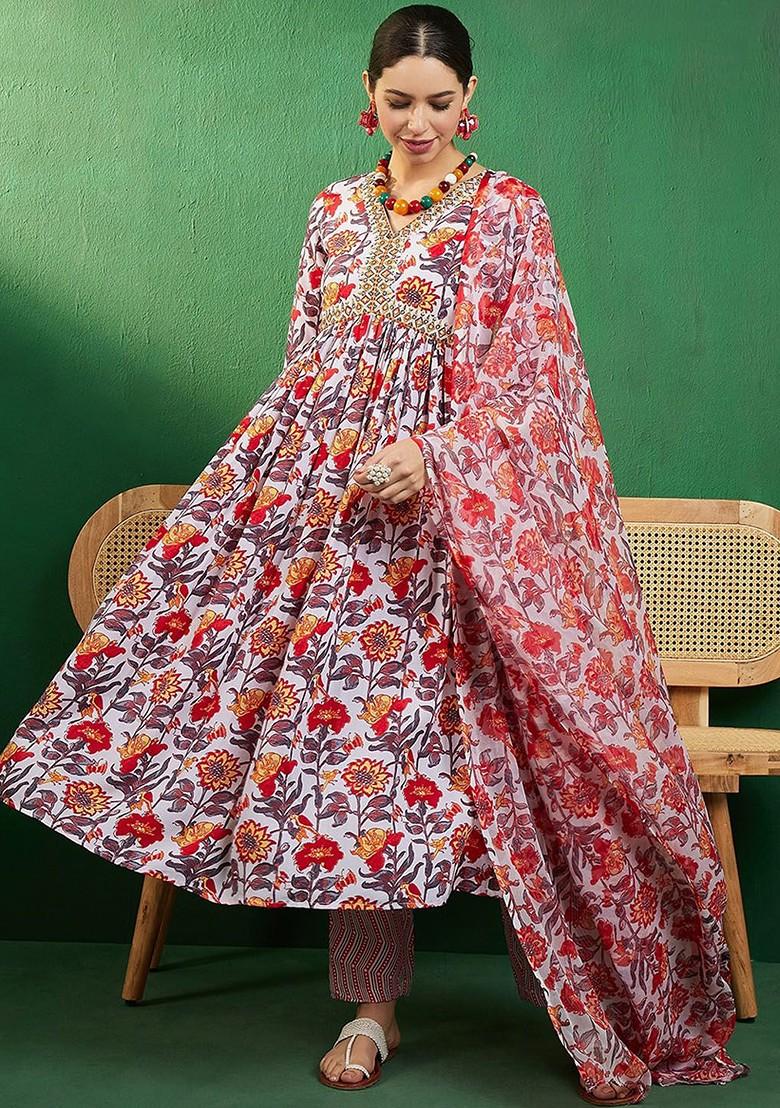 White Printed Blended Kurta Set - Indya