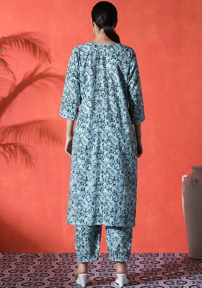 Teal Embroidered Blended Kurta Set - Indya
