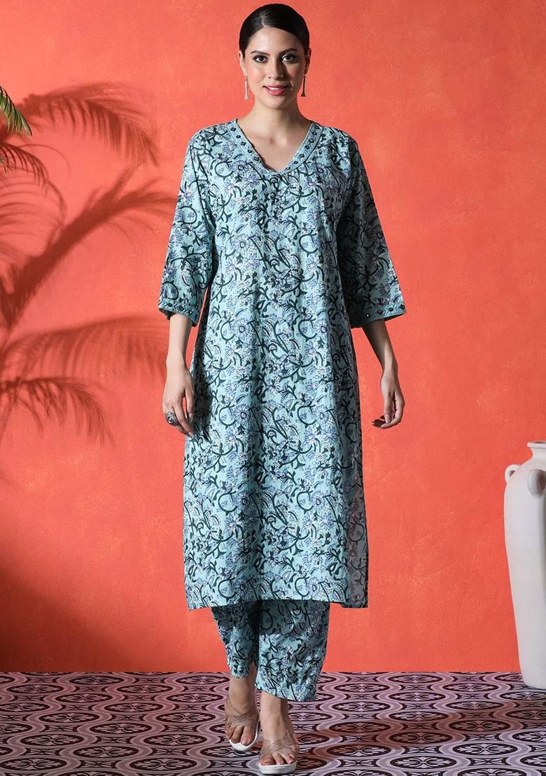 Teal Embroidered Blended Kurta Set - Indya