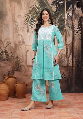 Turquoise Blue Printed Blended Kurta Set