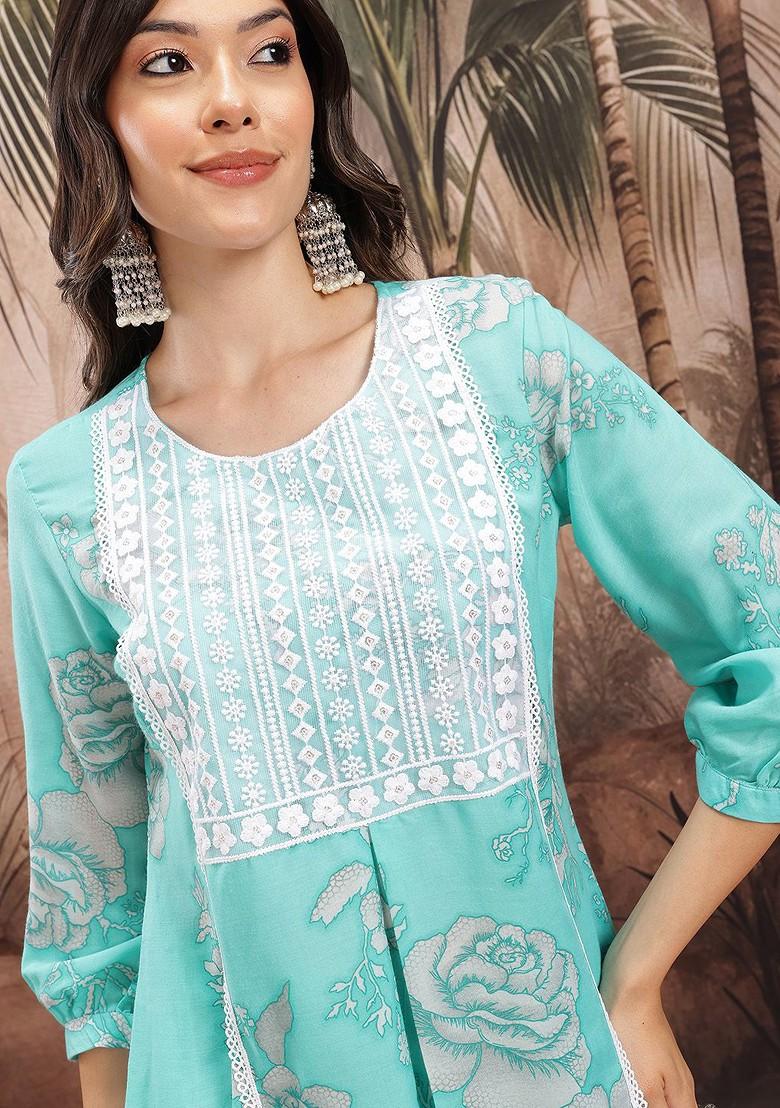 Turquoise Blue Printed Blended Kurta Set - Indya