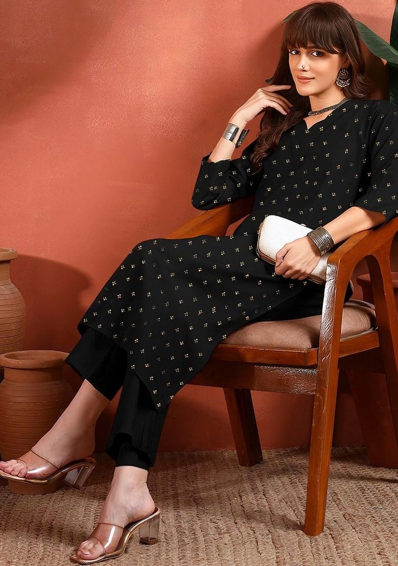 Black Printed Blended Kurta Set - Indya
