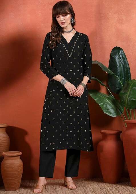 Black Printed Blended Kurta Set