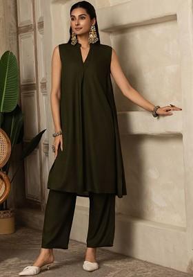 Olive Solid Blended Kurta Set
