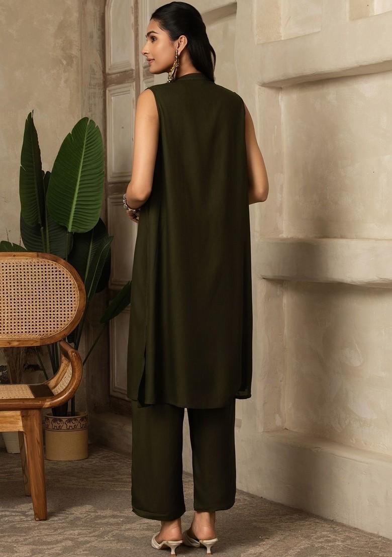 Olive Solid Blended Kurta Set - Indya