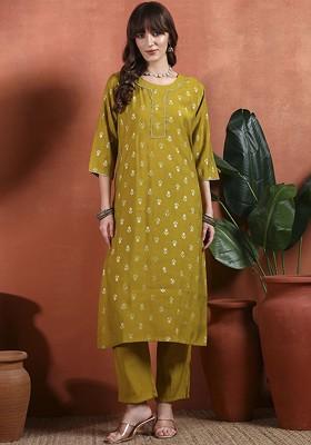 Olive Printed Blended Kurta Set