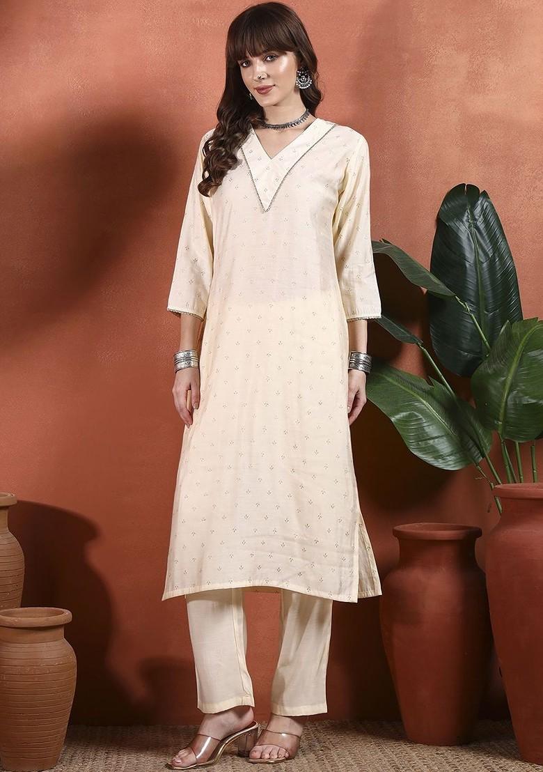 Cream Printed Blended Kurta Set - Indya