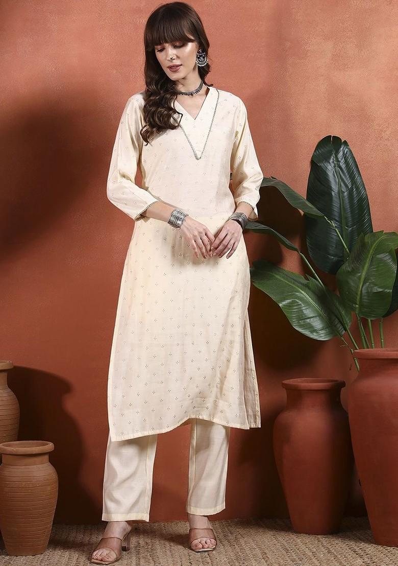 Cream Printed Blended Kurta Set - Indya