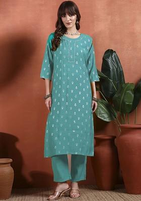 Turquoise Blue Printed Blended Kurta Set