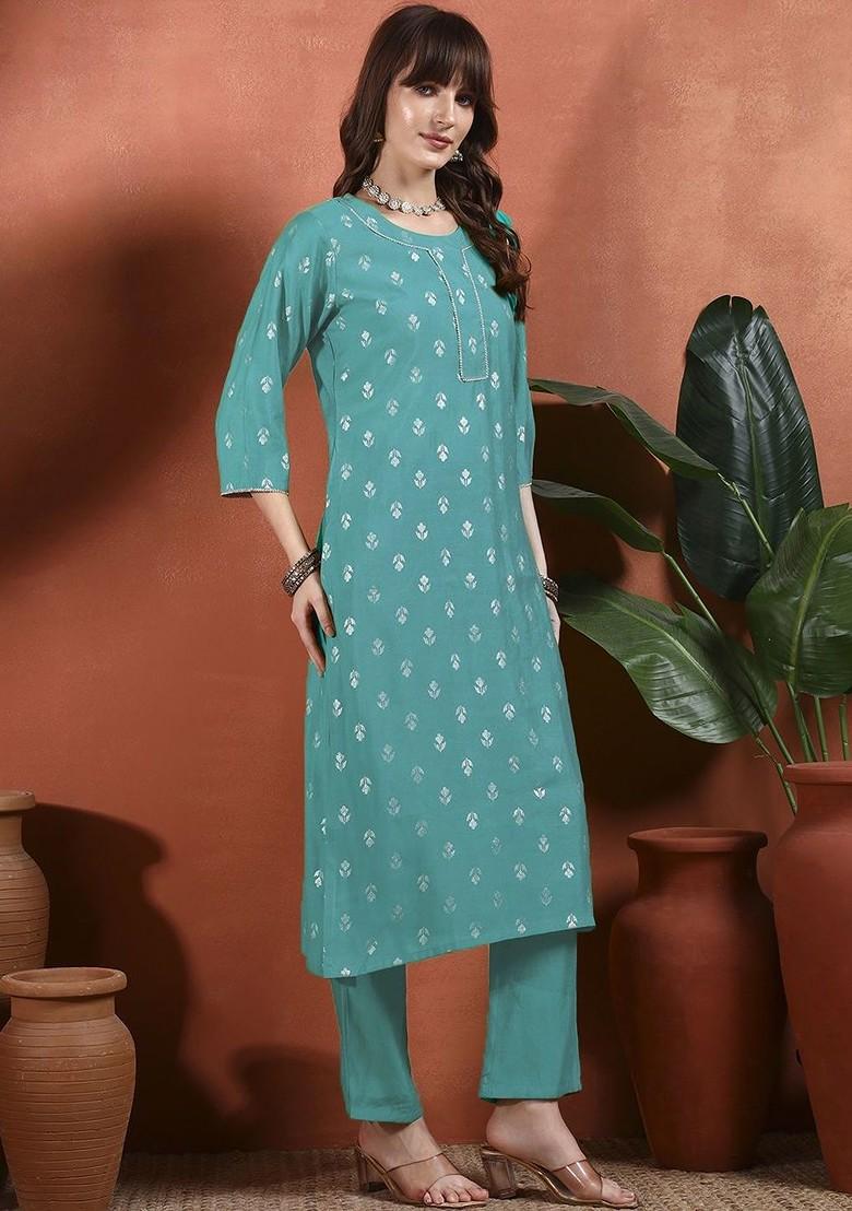 Turquoise Blue Printed Blended Kurta Set - Indya