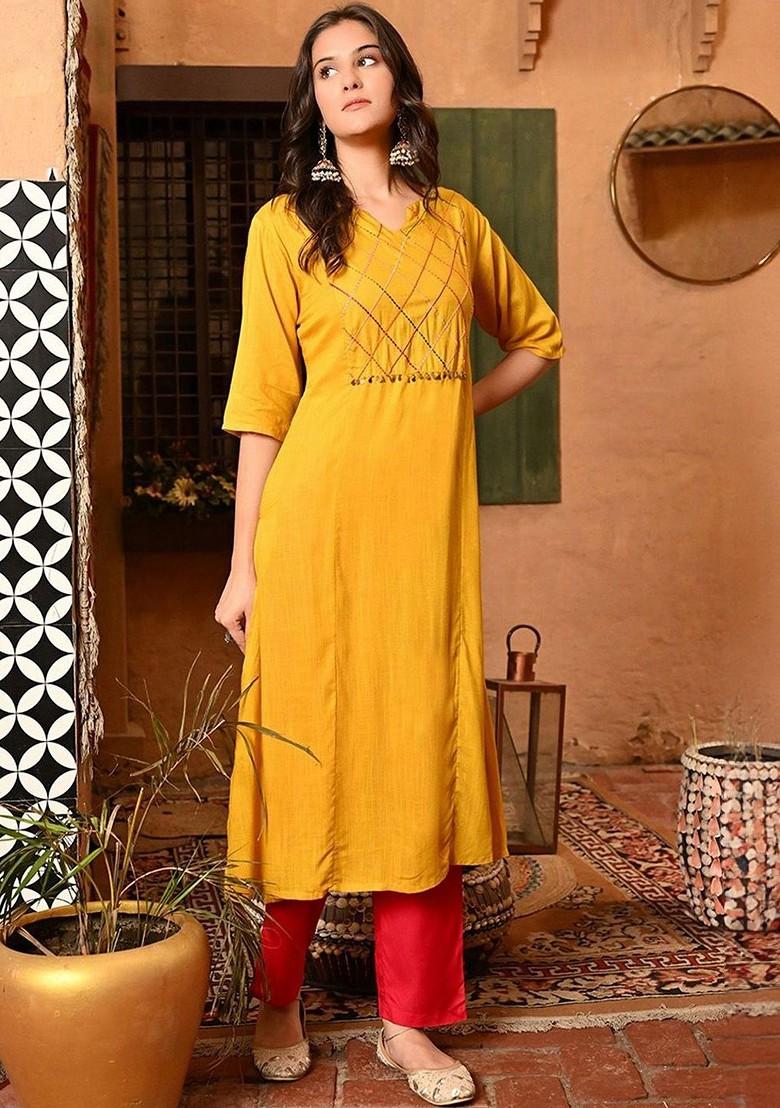 Yellow Embroidered Blended Kurta Set - Indya