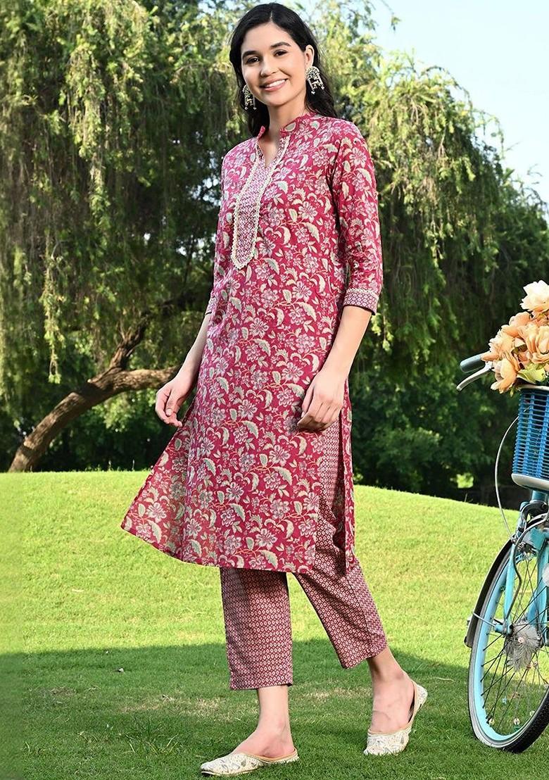 Red Printed Blended Kurta Set - Indya