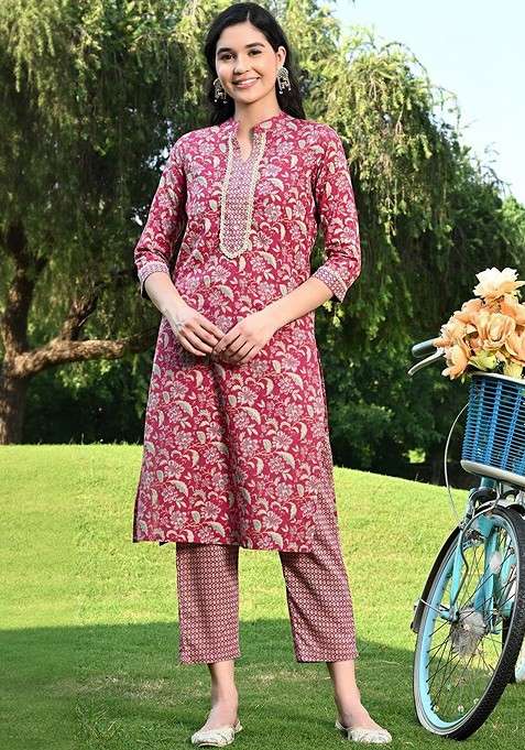 Red Printed Blended Kurta Set