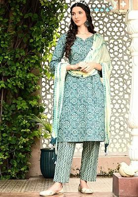 Turquoise Blue Printed Blended Kurta Set