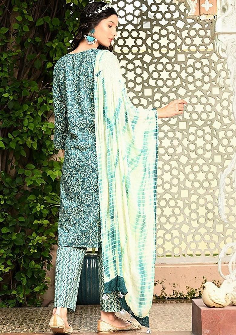 Turquoise Blue Printed Blended Kurta Set - Indya