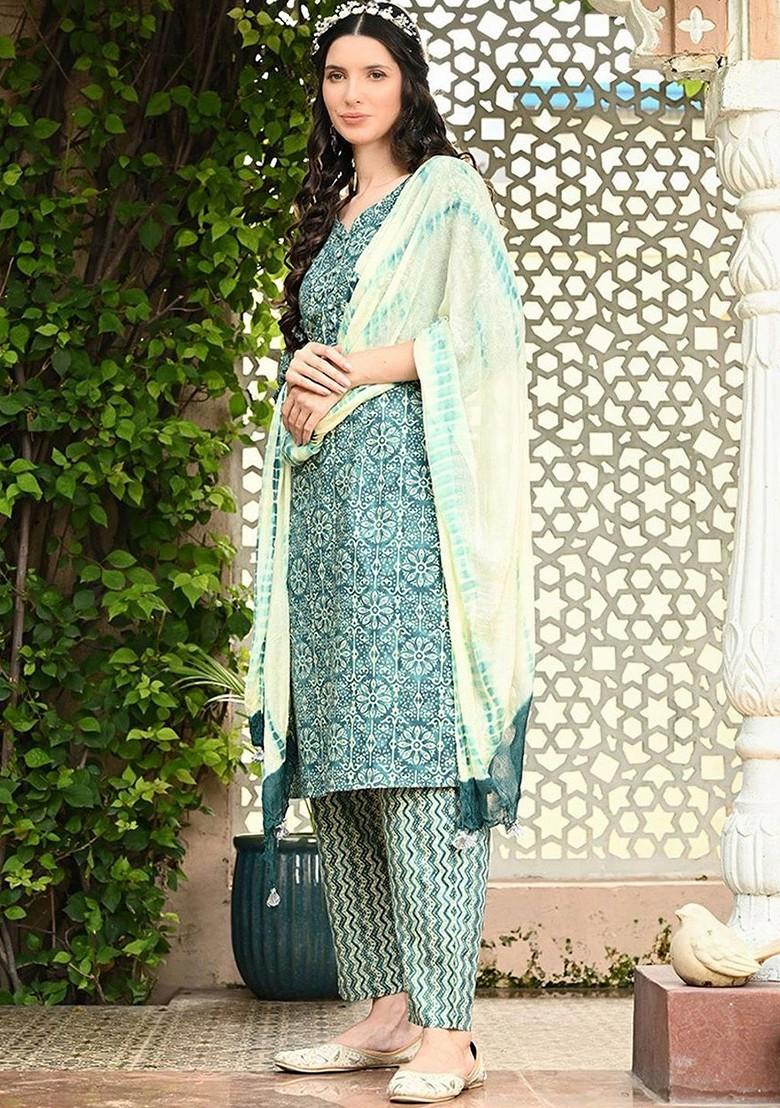 Turquoise Blue Printed Blended Kurta Set - Indya