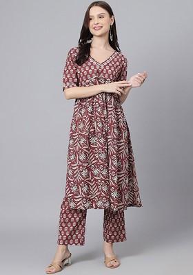 Maroon Printed Blended Kurta Set