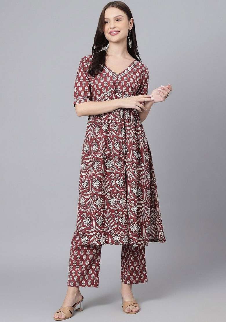 Maroon Printed Blended Kurta Set - Indya