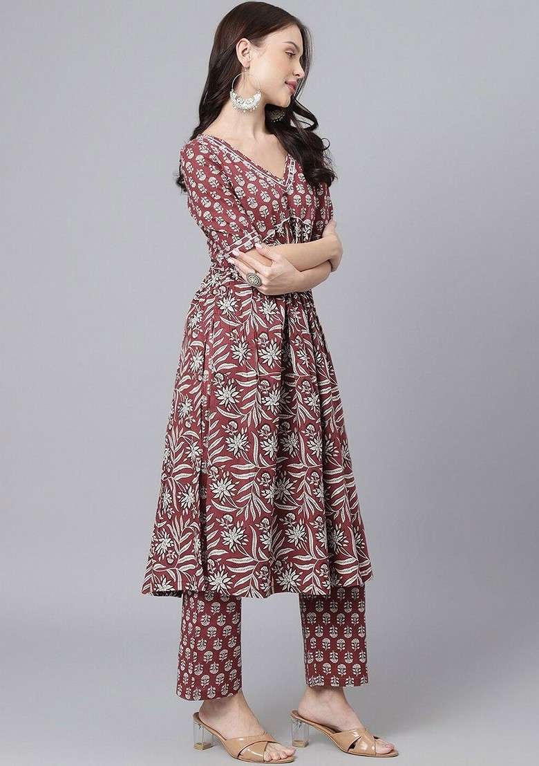 Maroon Printed Blended Kurta Set - Indya