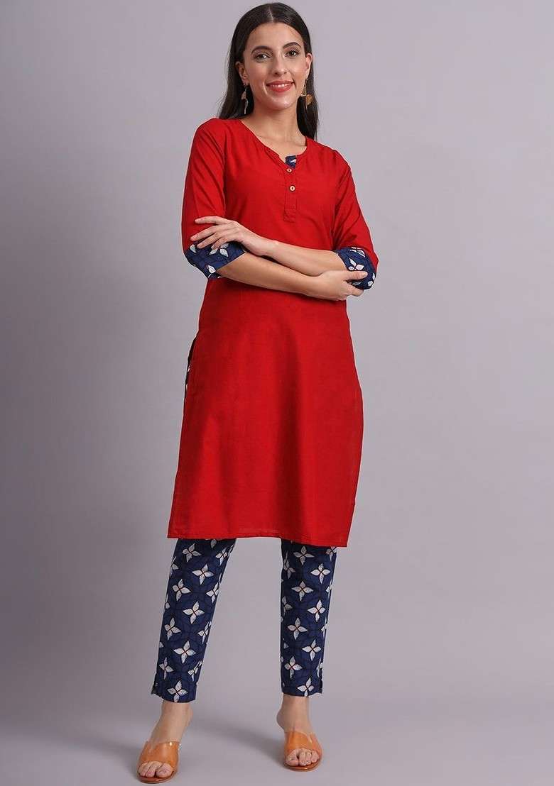 Red Solid Blended Kurta Set - Indya