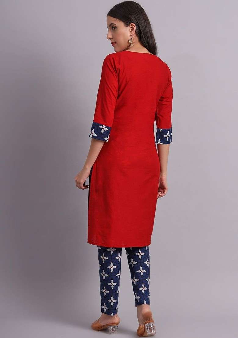 Red Solid Blended Kurta Set - Indya