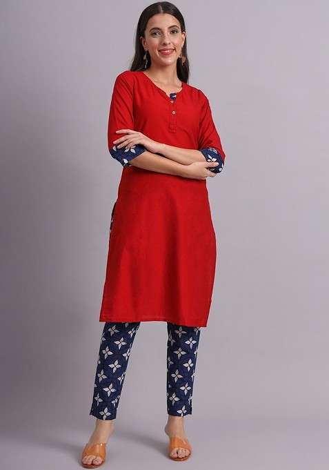 Red Solid Blended Kurta Set