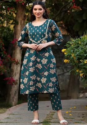 Teal Printed Blended Kurta Set