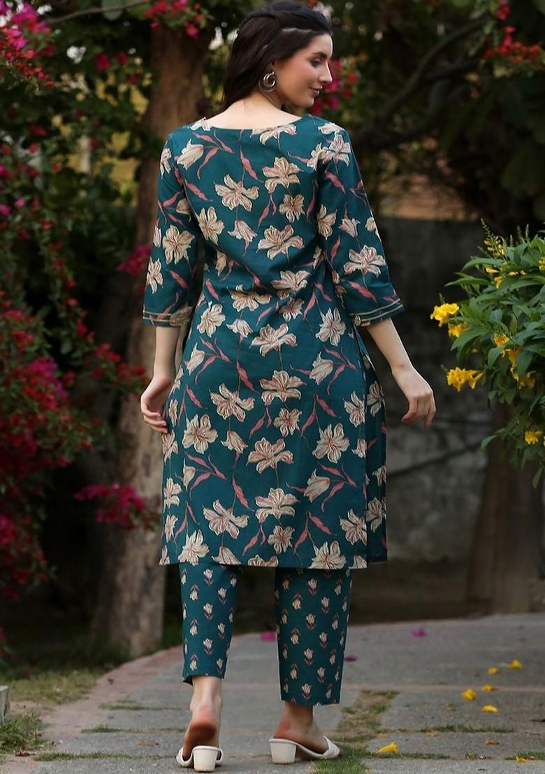 Teal Printed Blended Kurta Set - Indya