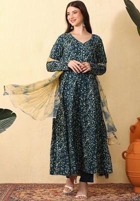 Teal Printed Blended Kurta Set