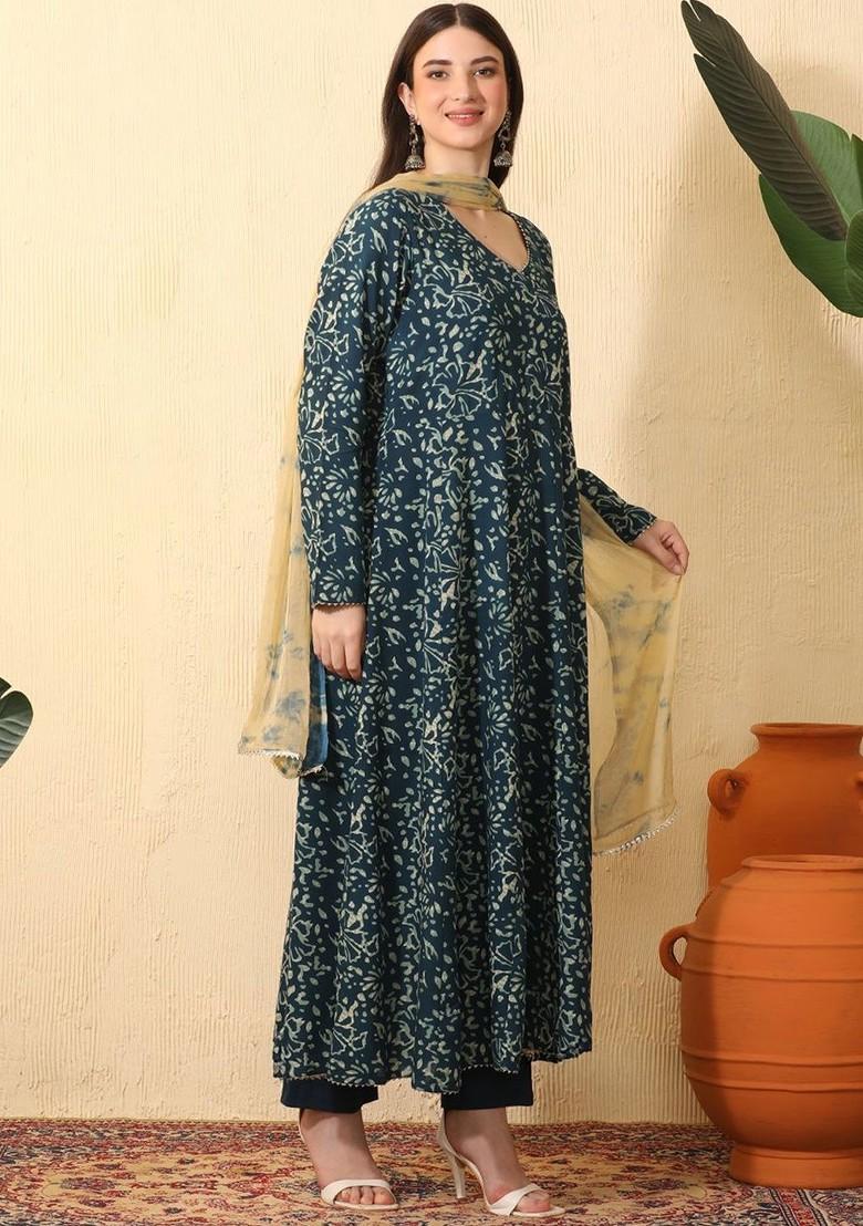 Teal Printed Blended Kurta Set - Indya