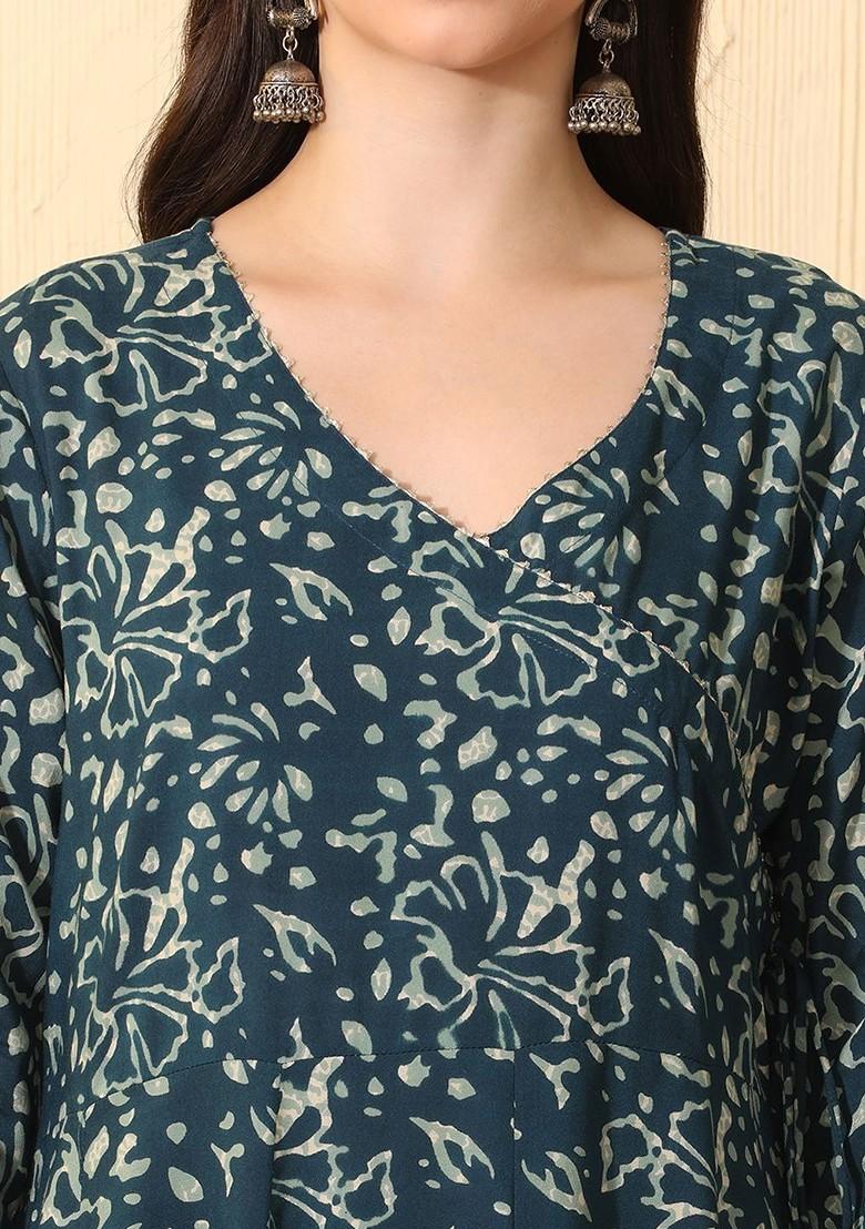Teal Printed Blended Kurta Set - Indya