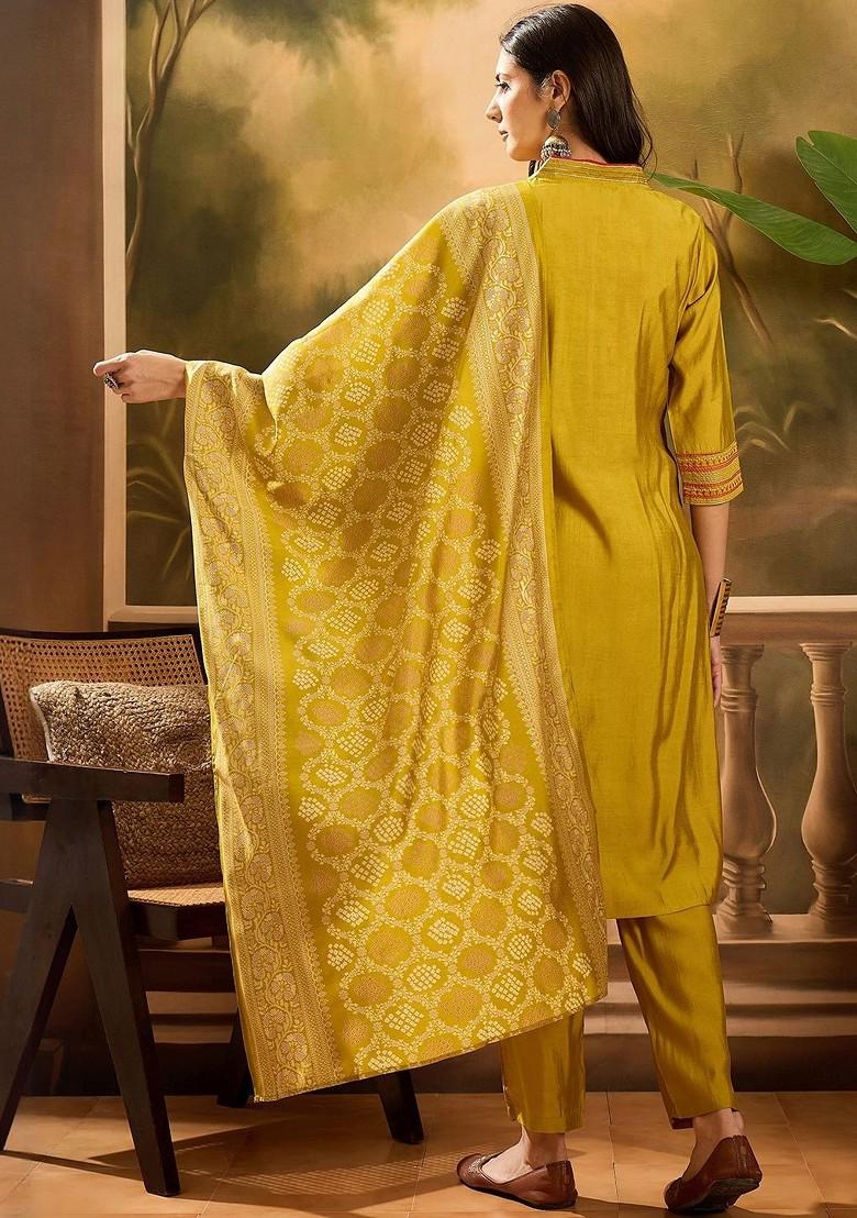 Olive Solid Blended Kurta Set - Indya