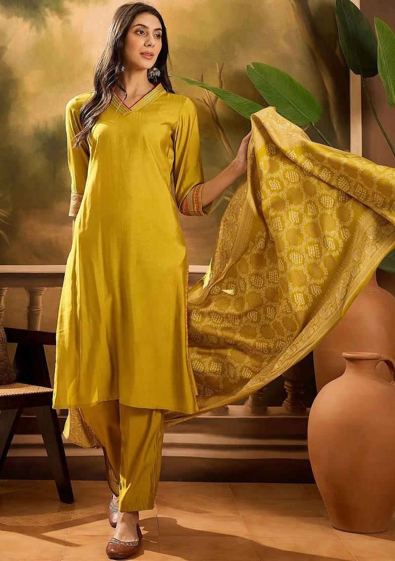 Olive Solid Blended Kurta Set - Indya