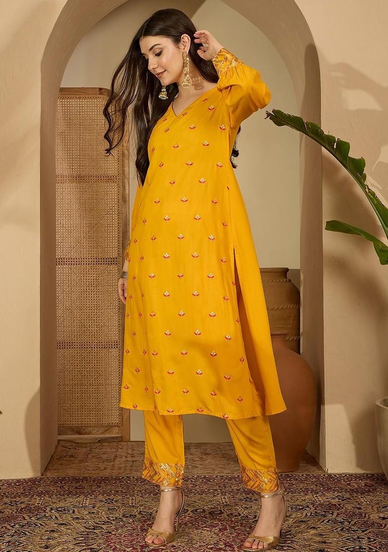 Mustard Embroidered Blended Kurta Set - Indya