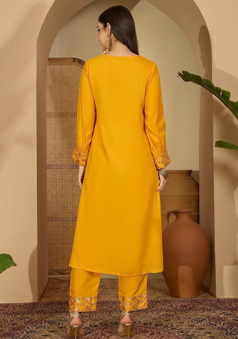 Mustard Embroidered Blended Kurta Set - Indya