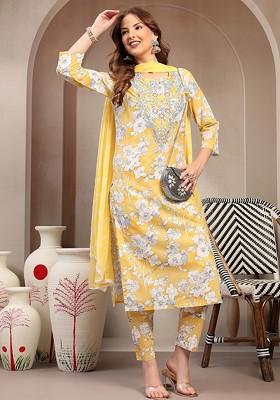 Yellow Embroidered Blended Kurta Set