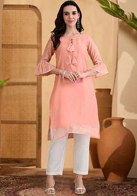 Peach Solid Blended Kurta Set