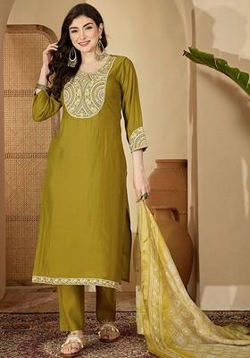 Mustard Embroidered Blended Kurta Set