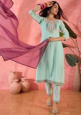 Sea Green Embroidered Blended Kurta Set