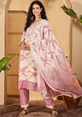 Pink Printed Blended Kurta Set