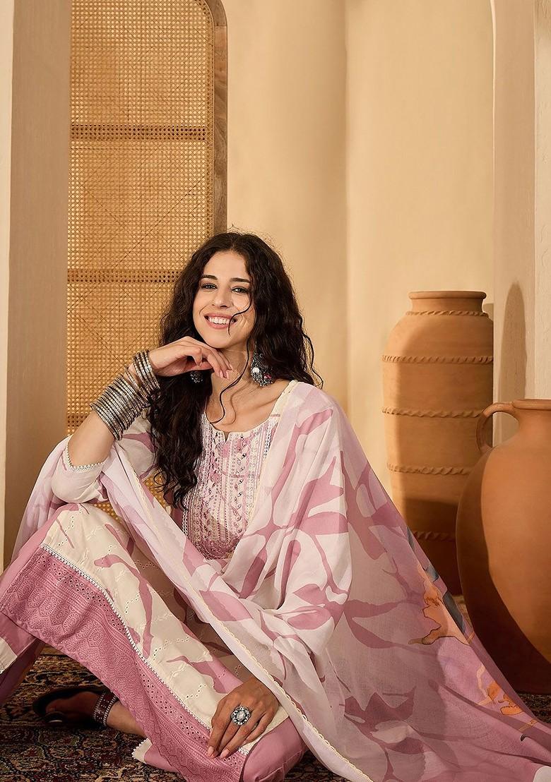 Pink Printed Blended Kurta Set - Indya