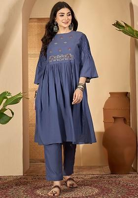 Blue Embroidered Blended Kurta Set
