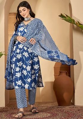 Navy Blue Printed Blended Kurta Set