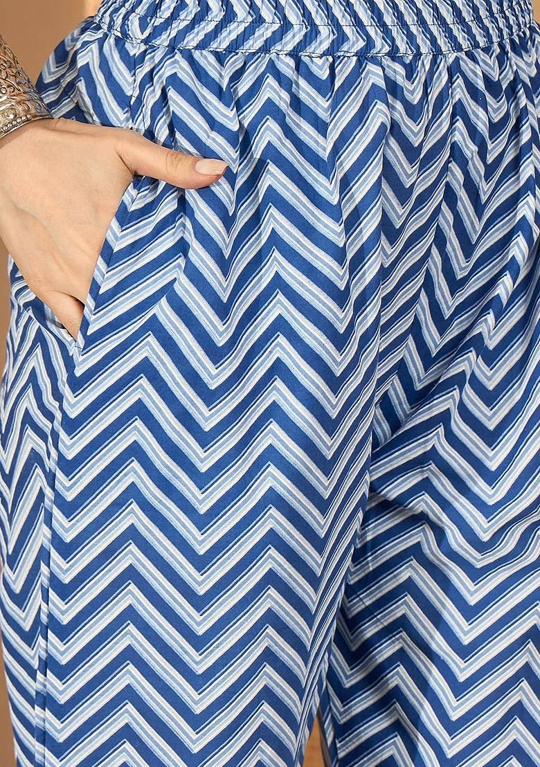 Navy Blue Printed Blended Kurta Set - Indya