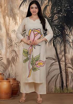 Off White Printed Blended Kurta Set