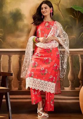 Orange Printed Blended Kurta Set