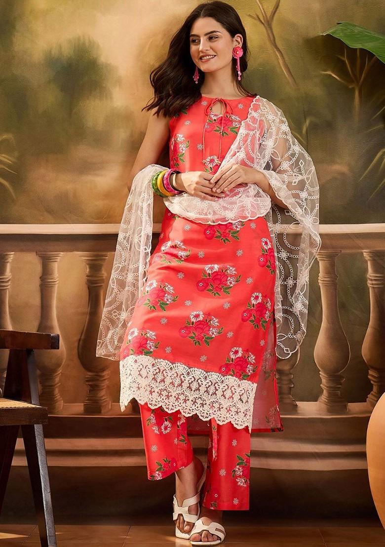 Orange Printed Blended Kurta Set - Indya