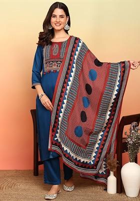 Navy Blue Sequinned Blended Kurta Set